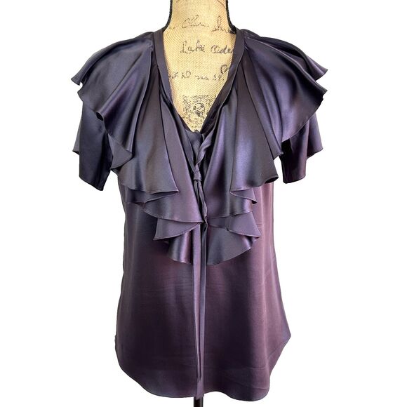CELINE Women's Silk Ruffle Blouse in Eggplant Sz 38/M Made in France - Picture 1 of 16